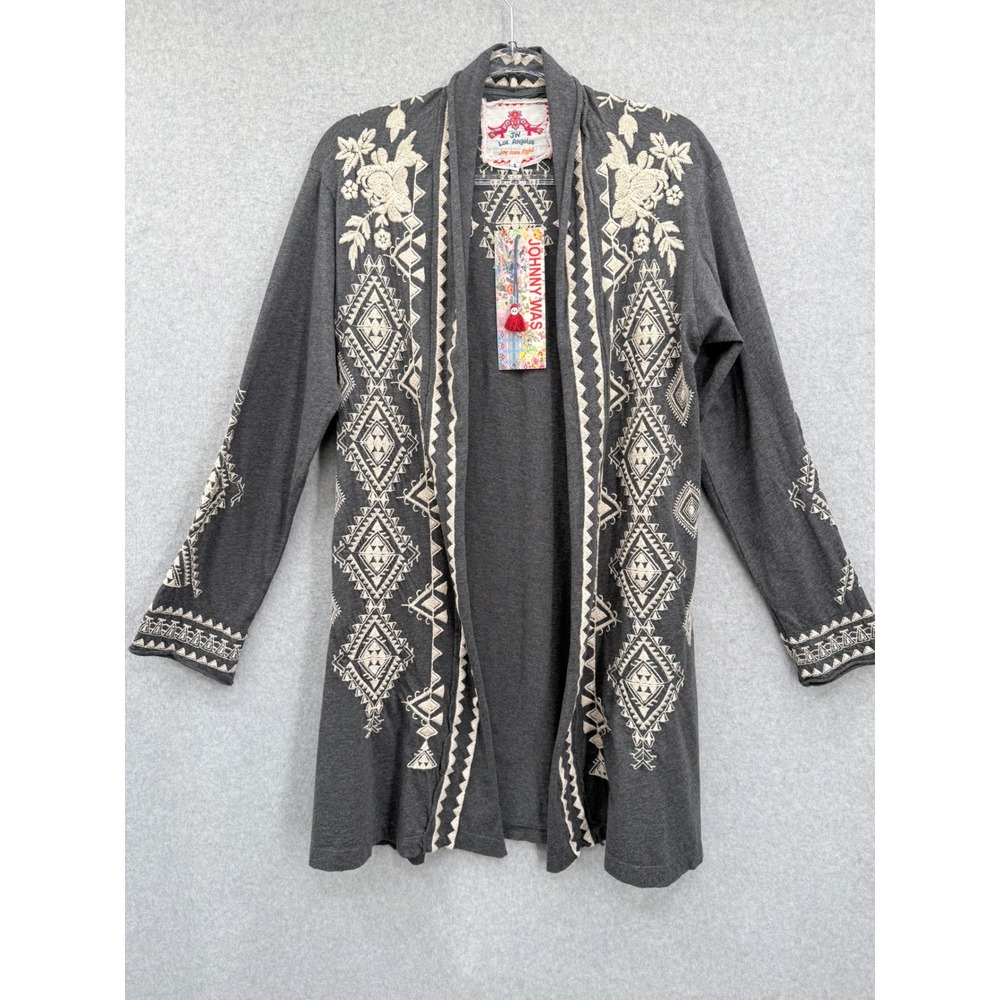Johnny Was Cardigan Sweater Womens Small Gray Embroidered Geometric Open Front